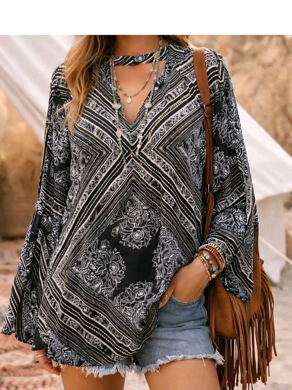 Free People Geometric Tunic Top Sz S Oversized Boho Western Black Multicolor